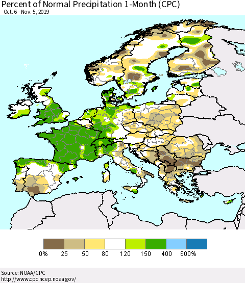 Europe Percent of Normal Precipitation 1-Month (CPC) Thematic Map For 10/6/2019 - 11/5/2019