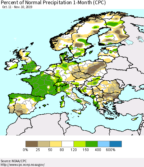 Europe Percent of Normal Precipitation 1-Month (CPC) Thematic Map For 10/11/2019 - 11/10/2019