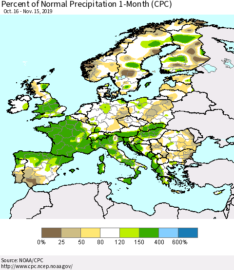 Europe Percent of Normal Precipitation 1-Month (CPC) Thematic Map For 10/16/2019 - 11/15/2019