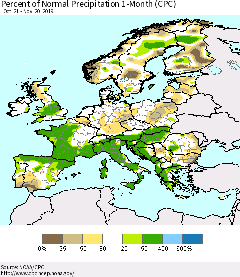 Europe Percent of Normal Precipitation 1-Month (CPC) Thematic Map For 10/21/2019 - 11/20/2019