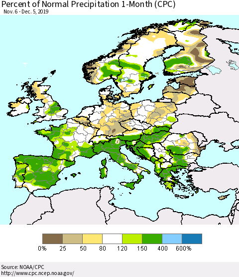Europe Percent of Normal Precipitation 1-Month (CPC) Thematic Map For 11/6/2019 - 12/5/2019