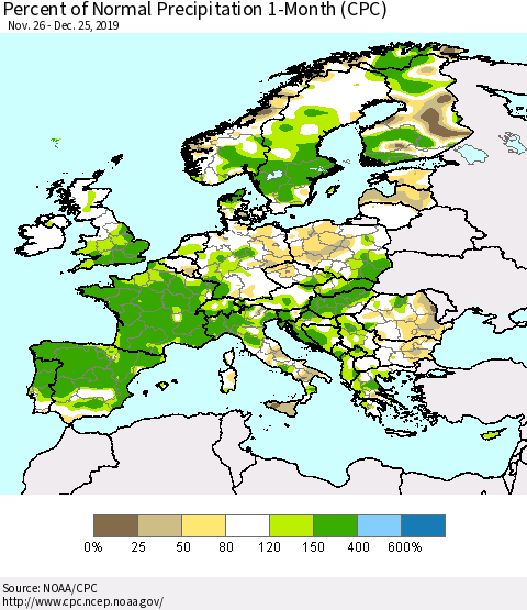 Europe Percent of Normal Precipitation 1-Month (CPC) Thematic Map For 11/26/2019 - 12/25/2019