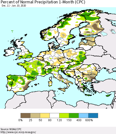Europe Percent of Normal Precipitation 1-Month (CPC) Thematic Map For 12/11/2019 - 1/10/2020