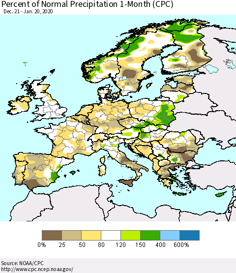 Europe Percent of Normal Precipitation 1-Month (CPC) Thematic Map For 12/21/2019 - 1/20/2020