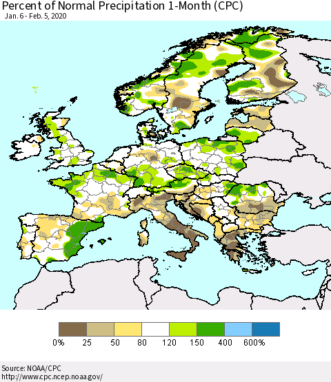 Europe Percent of Normal Precipitation 1-Month (CPC) Thematic Map For 1/6/2020 - 2/5/2020