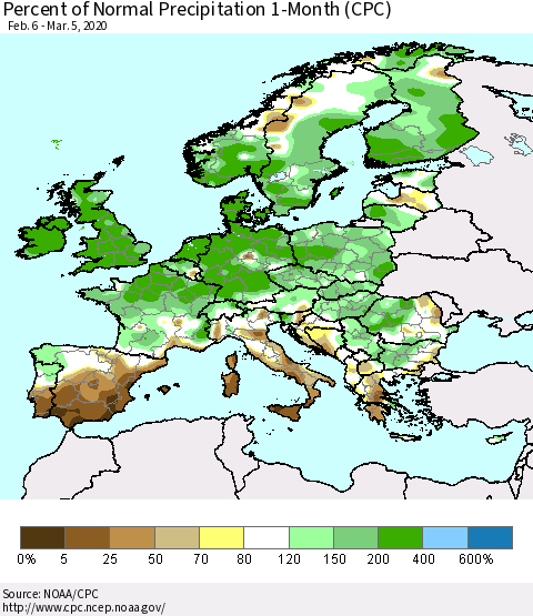 Europe Percent of Normal Precipitation 1-Month (CPC) Thematic Map For 2/6/2020 - 3/5/2020