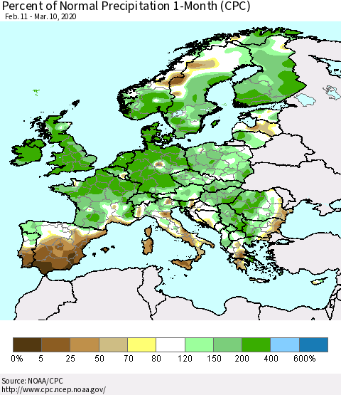 Europe Percent of Normal Precipitation 1-Month (CPC) Thematic Map For 2/11/2020 - 3/10/2020