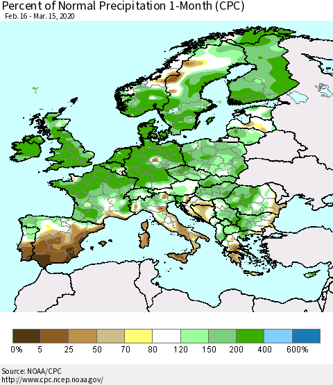 Europe Percent of Normal Precipitation 1-Month (CPC) Thematic Map For 2/16/2020 - 3/15/2020