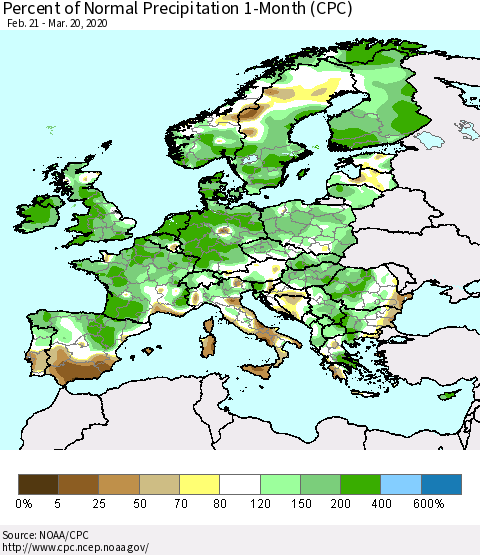 Europe Percent of Normal Precipitation 1-Month (CPC) Thematic Map For 2/21/2020 - 3/20/2020