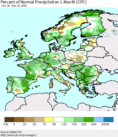 Europe Percent of Normal Precipitation 1-Month (CPC) Thematic Map For 2/26/2020 - 3/25/2020