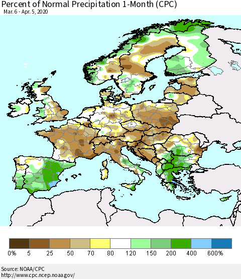Europe Percent of Normal Precipitation 1-Month (CPC) Thematic Map For 3/6/2020 - 4/5/2020