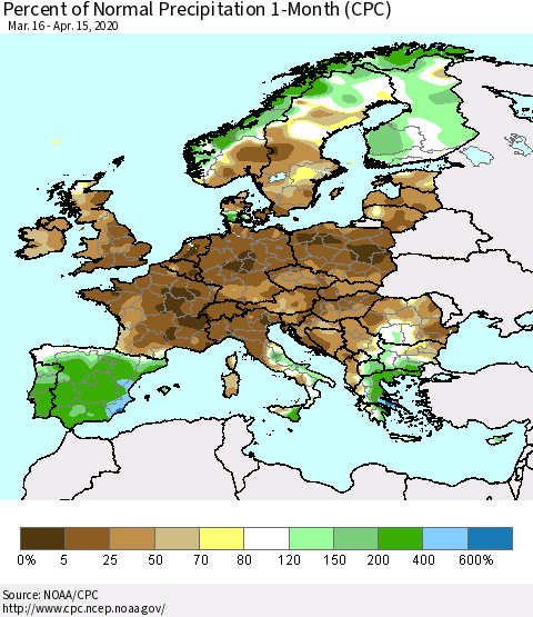 Europe Percent of Normal Precipitation 1-Month (CPC) Thematic Map For 3/16/2020 - 4/15/2020