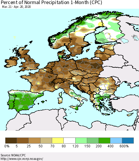 Europe Percent of Normal Precipitation 1-Month (CPC) Thematic Map For 3/21/2020 - 4/20/2020