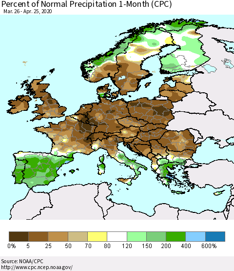 Europe Percent of Normal Precipitation 1-Month (CPC) Thematic Map For 3/26/2020 - 4/25/2020
