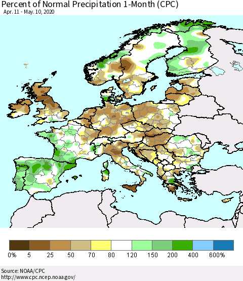 Europe Percent of Normal Precipitation 1-Month (CPC) Thematic Map For 4/11/2020 - 5/10/2020