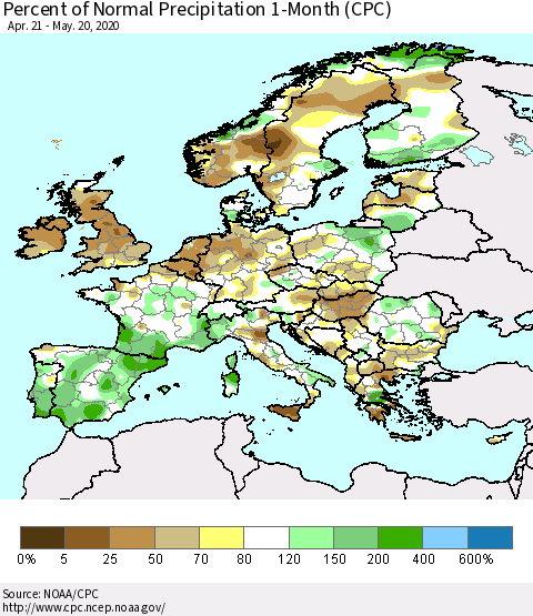 Europe Percent of Normal Precipitation 1-Month (CPC) Thematic Map For 4/21/2020 - 5/20/2020
