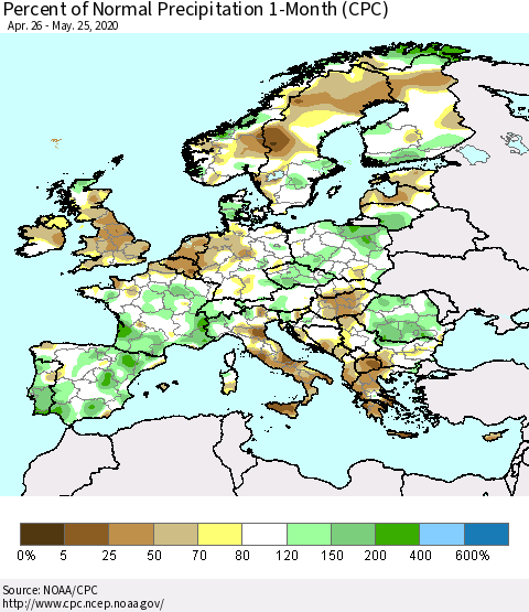Europe Percent of Normal Precipitation 1-Month (CPC) Thematic Map For 4/26/2020 - 5/25/2020