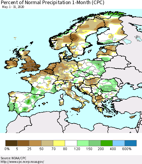Europe Percent of Normal Precipitation 1-Month (CPC) Thematic Map For 5/1/2020 - 5/31/2020