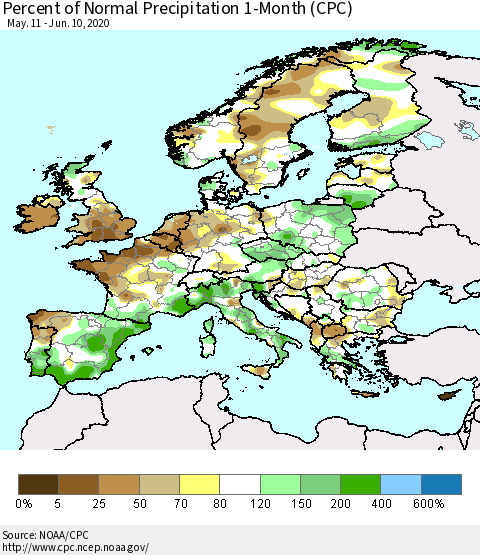 Europe Percent of Normal Precipitation 1-Month (CPC) Thematic Map For 5/11/2020 - 6/10/2020