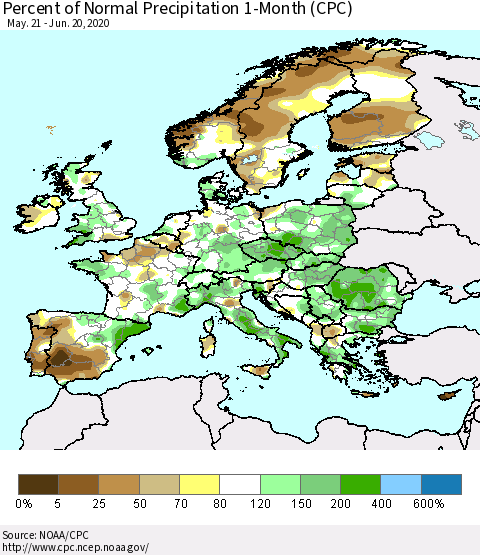 Europe Percent of Normal Precipitation 1-Month (CPC) Thematic Map For 5/21/2020 - 6/20/2020