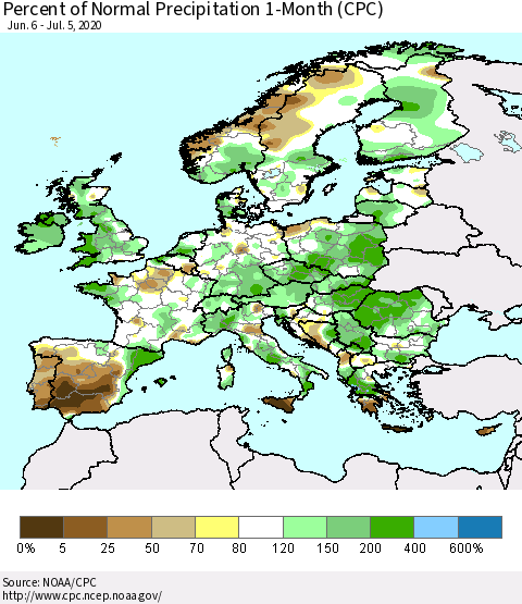 Europe Percent of Normal Precipitation 1-Month (CPC) Thematic Map For 6/6/2020 - 7/5/2020