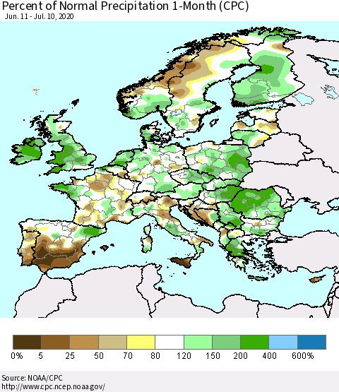 Europe Percent of Normal Precipitation 1-Month (CPC) Thematic Map For 6/11/2020 - 7/10/2020