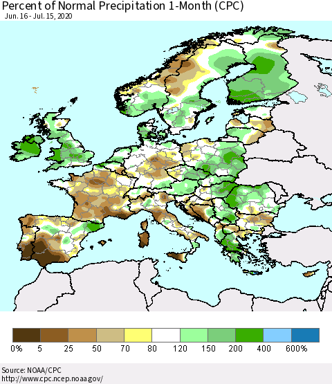 Europe Percent of Normal Precipitation 1-Month (CPC) Thematic Map For 6/16/2020 - 7/15/2020