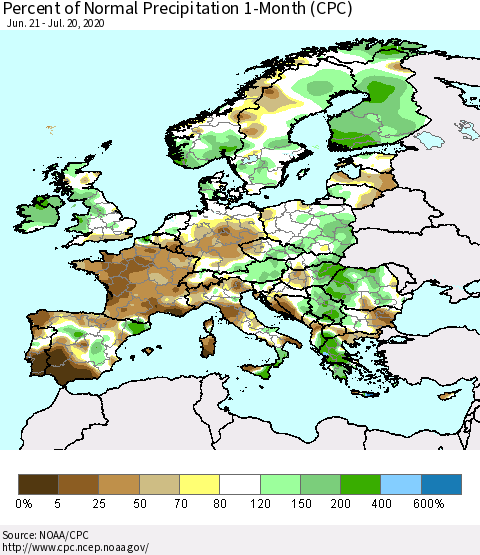 Europe Percent of Normal Precipitation 1-Month (CPC) Thematic Map For 6/21/2020 - 7/20/2020