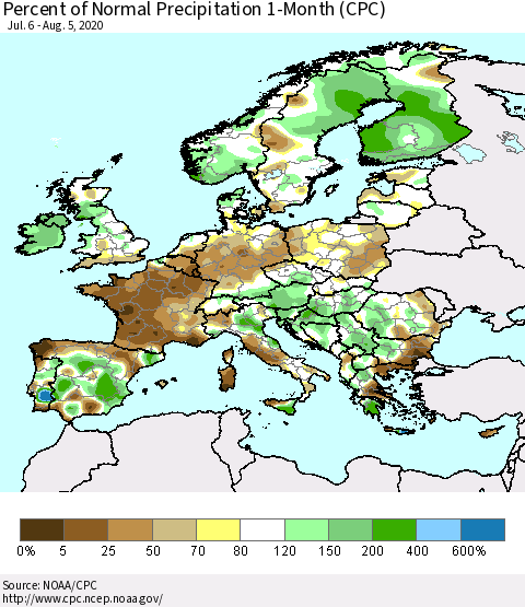 Europe Percent of Normal Precipitation 1-Month (CPC) Thematic Map For 7/6/2020 - 8/5/2020