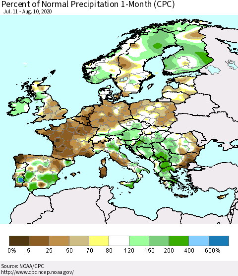 Europe Percent of Normal Precipitation 1-Month (CPC) Thematic Map For 7/11/2020 - 8/10/2020
