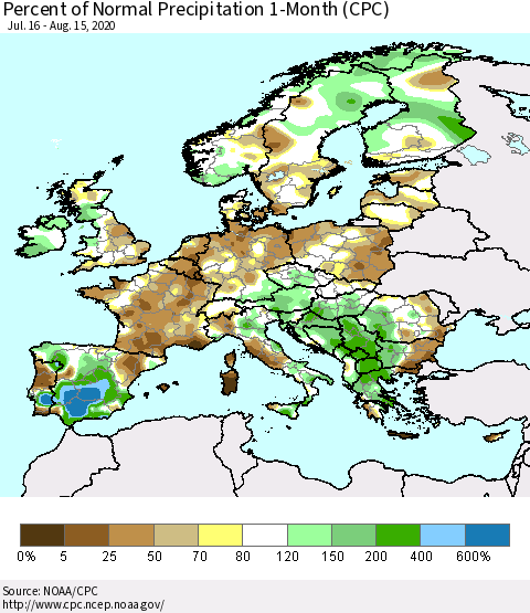 Europe Percent of Normal Precipitation 1-Month (CPC) Thematic Map For 7/16/2020 - 8/15/2020