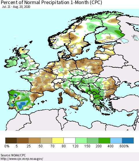 Europe Percent of Normal Precipitation 1-Month (CPC) Thematic Map For 7/21/2020 - 8/20/2020