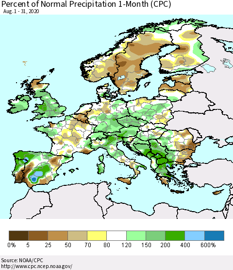 Europe Percent of Normal Precipitation 1-Month (CPC) Thematic Map For 8/1/2020 - 8/31/2020