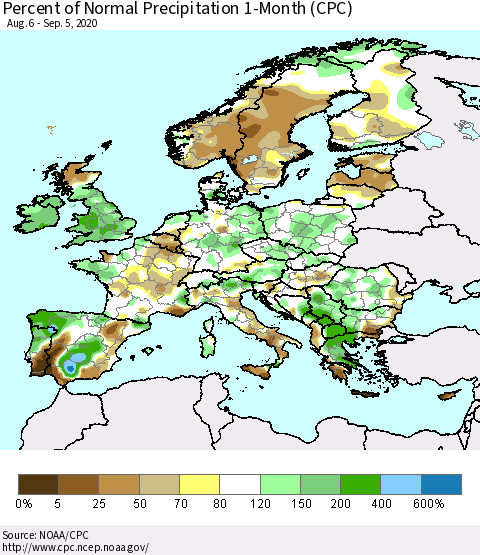 Europe Percent of Normal Precipitation 1-Month (CPC) Thematic Map For 8/6/2020 - 9/5/2020