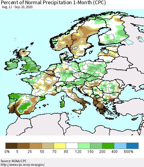 Europe Percent of Normal Precipitation 1-Month (CPC) Thematic Map For 8/11/2020 - 9/10/2020