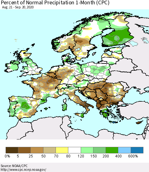 Europe Percent of Normal Precipitation 1-Month (CPC) Thematic Map For 8/21/2020 - 9/20/2020