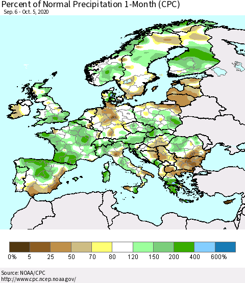 Europe Percent of Normal Precipitation 1-Month (CPC) Thematic Map For 9/6/2020 - 10/5/2020
