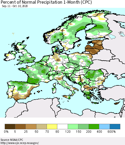 Europe Percent of Normal Precipitation 1-Month (CPC) Thematic Map For 9/11/2020 - 10/10/2020