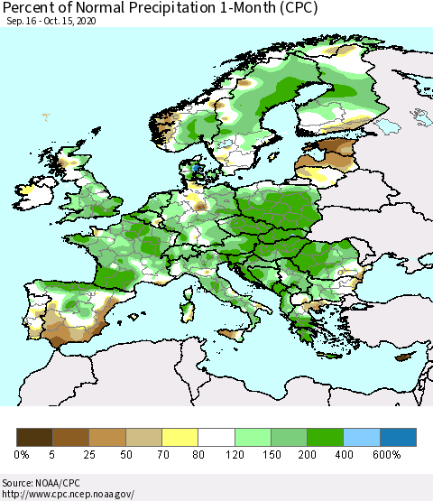 Europe Percent of Normal Precipitation 1-Month (CPC) Thematic Map For 9/16/2020 - 10/15/2020