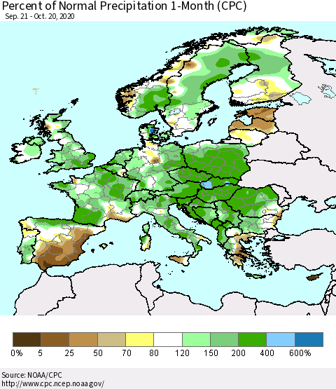 Europe Percent of Normal Precipitation 1-Month (CPC) Thematic Map For 9/21/2020 - 10/20/2020