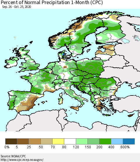 Europe Percent of Normal Precipitation 1-Month (CPC) Thematic Map For 9/26/2020 - 10/25/2020