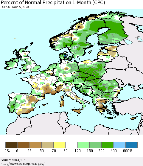 Europe Percent of Normal Precipitation 1-Month (CPC) Thematic Map For 10/6/2020 - 11/5/2020