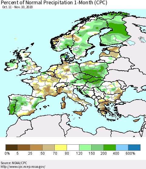 Europe Percent of Normal Precipitation 1-Month (CPC) Thematic Map For 10/11/2020 - 11/10/2020