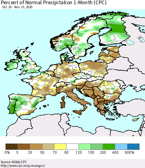 Europe Percent of Normal Precipitation 1-Month (CPC) Thematic Map For 10/16/2020 - 11/15/2020