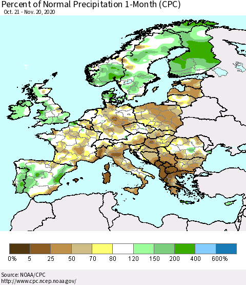 Europe Percent of Normal Precipitation 1-Month (CPC) Thematic Map For 10/21/2020 - 11/20/2020