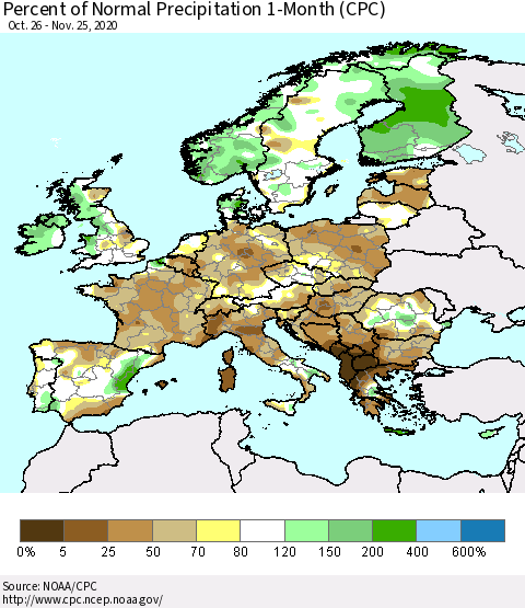 Europe Percent of Normal Precipitation 1-Month (CPC) Thematic Map For 10/26/2020 - 11/25/2020