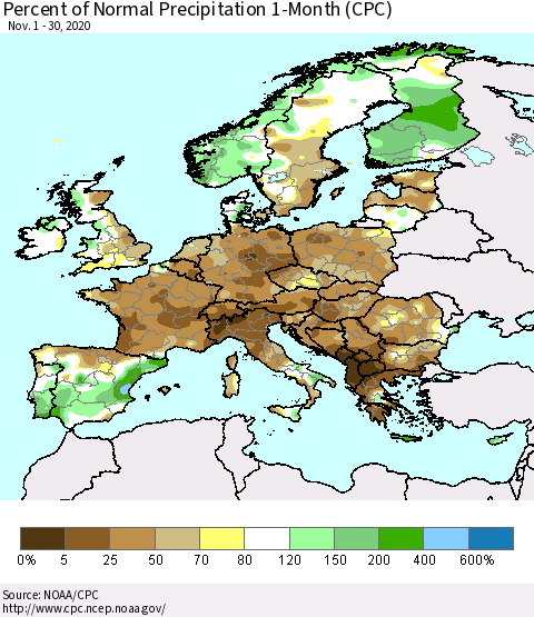 Europe Percent of Normal Precipitation 1-Month (CPC) Thematic Map For 11/1/2020 - 11/30/2020