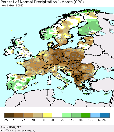 Europe Percent of Normal Precipitation 1-Month (CPC) Thematic Map For 11/6/2020 - 12/5/2020