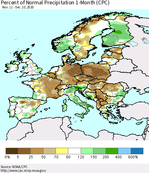 Europe Percent of Normal Precipitation 1-Month (CPC) Thematic Map For 11/11/2020 - 12/10/2020