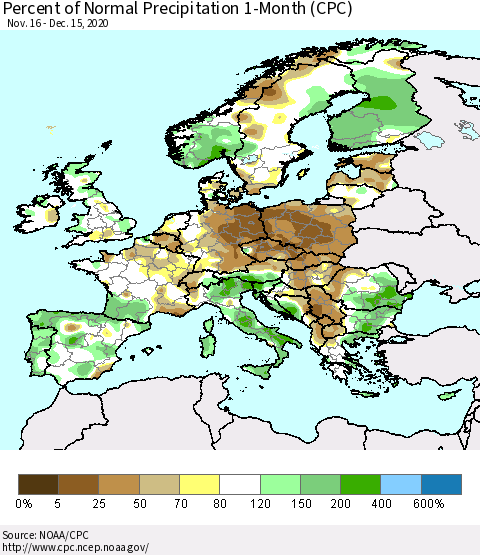 Europe Percent of Normal Precipitation 1-Month (CPC) Thematic Map For 11/16/2020 - 12/15/2020